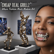 A woman wearing elaborate tooth grillz smiles, with a modern art gallery featuring gold sculptures in the background.
